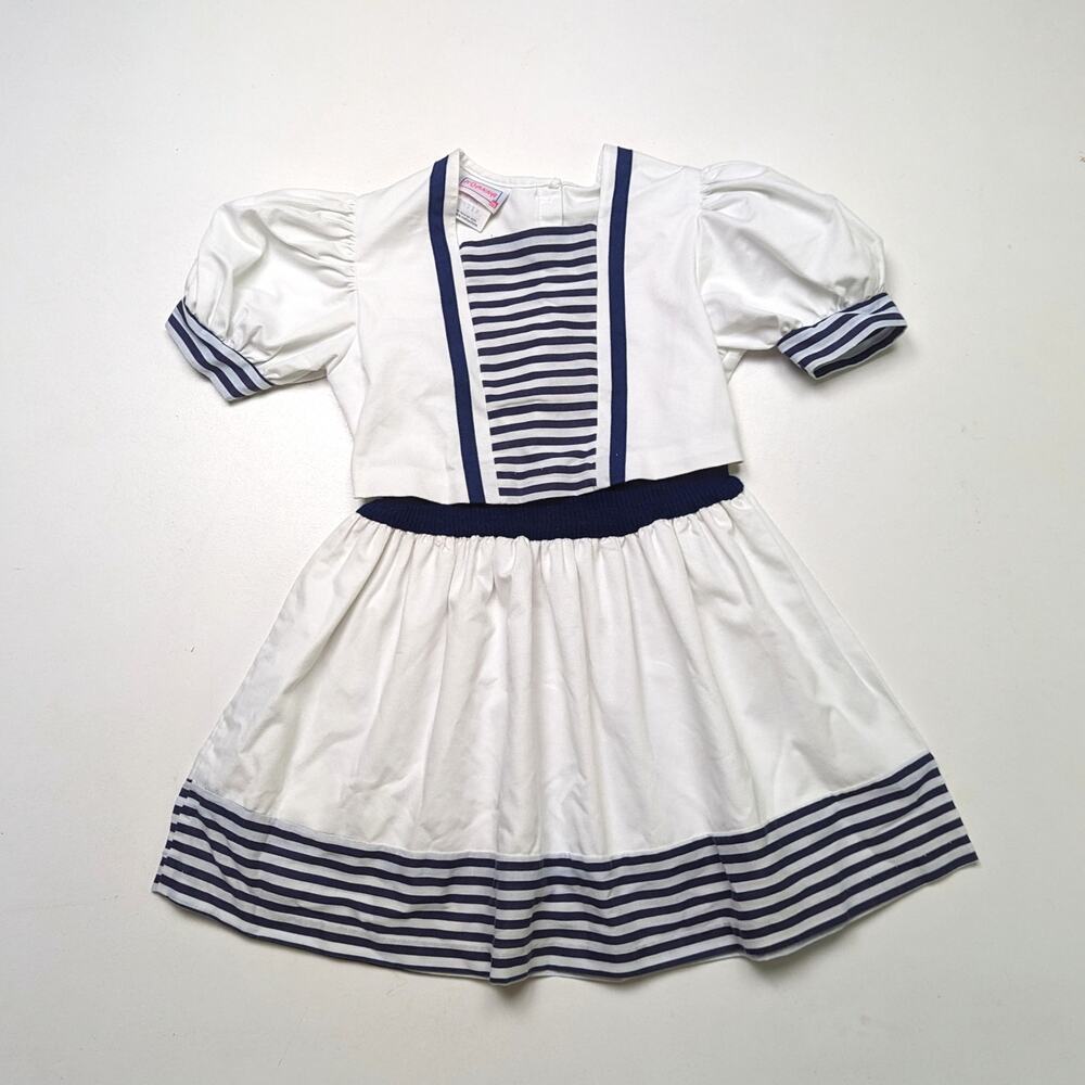 Vintage Roanna Dress Girls Size 6 White Navy Stripe Nautical Drop Waist